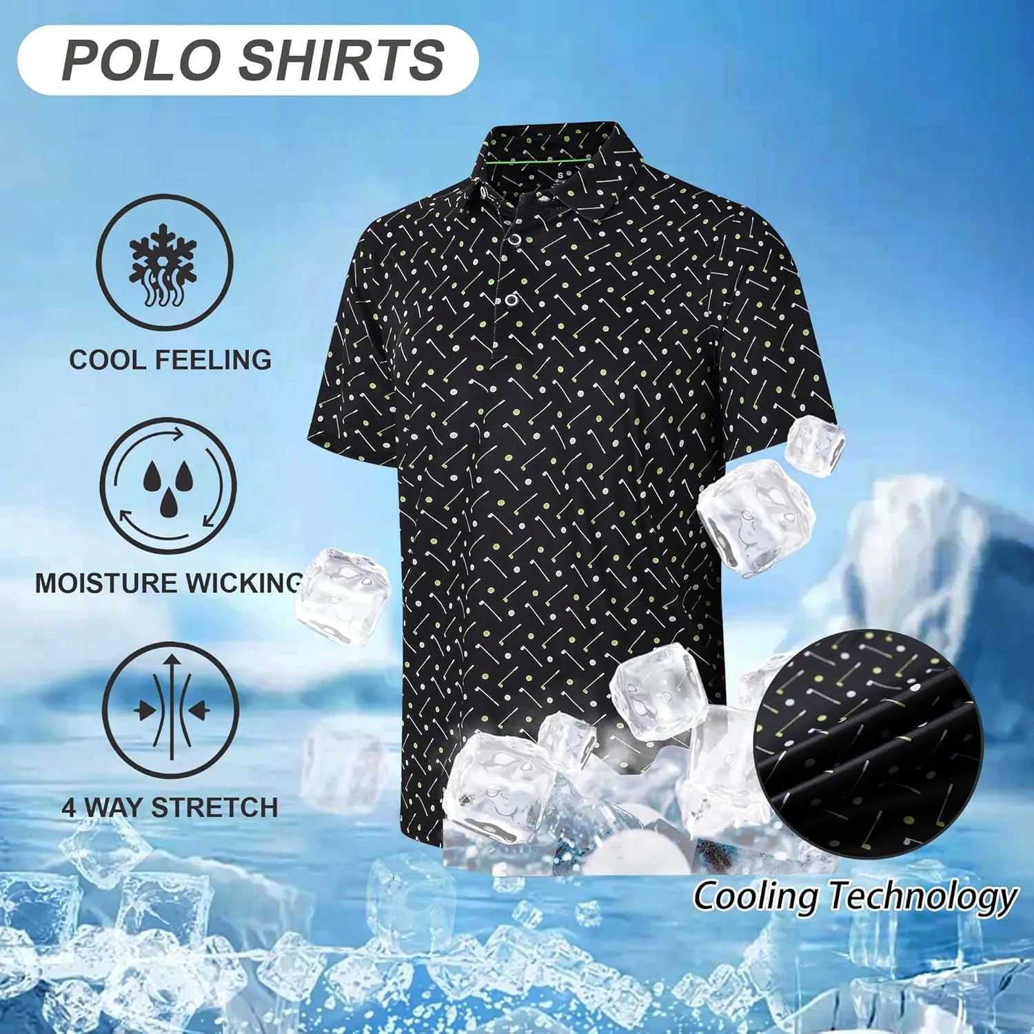 Esabel.C Golf Shirts for Men Dry Fit Performance Short Sleeve Print Moisture Wicking Collared Shirt