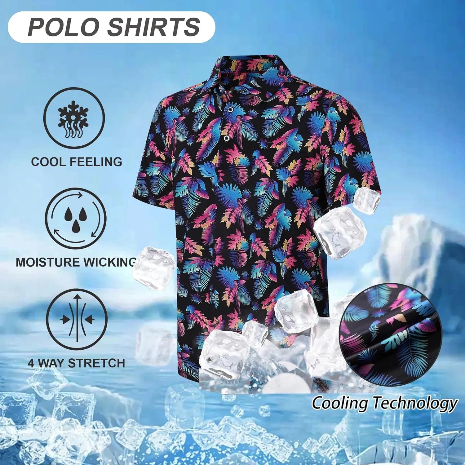 Esabel.C Golf Shirts for Men Dry Fit Performance Short Sleeve Print Moisture Wicking Collared Shirt