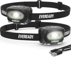 Eveready Rechargeable LED Headlamps (2-Pack), IPX4 Water Resistant Head Lights for Running, Camping, Emergency, Outdoors (USB Cable Included),Black (2-Pack),Adjustable