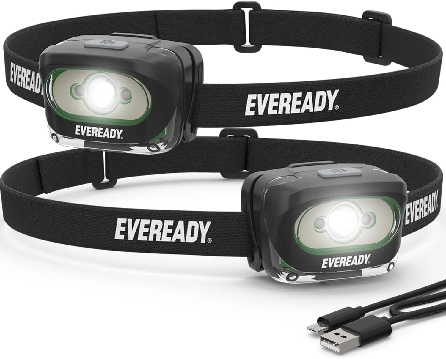 Eveready Rechargeable LED Headlamps (2-Pack), IPX4 Water Resistant Head Lights for Running, Camping, Emergency, Outdoors (USB Cable Included),Black (2-Pack),Adjustable