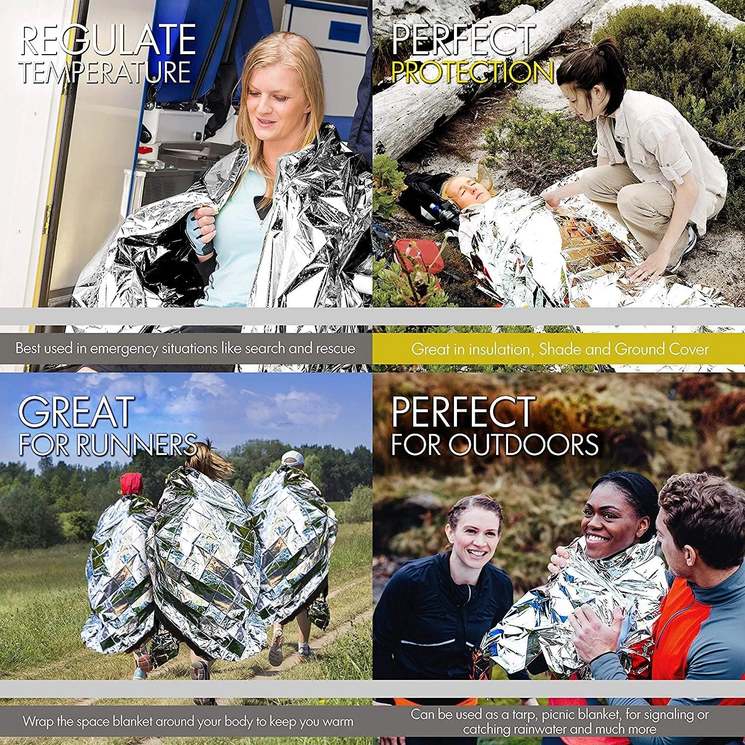 EVERLIT Survival Emergency Mylar Thermal Blankets -Space Blanket Survival kit Camping Blanket Perfect for First Aid Kit Outdoors, Hiking, Survival,Bug Out Bag,Marathons (Silver, 4 Pack)