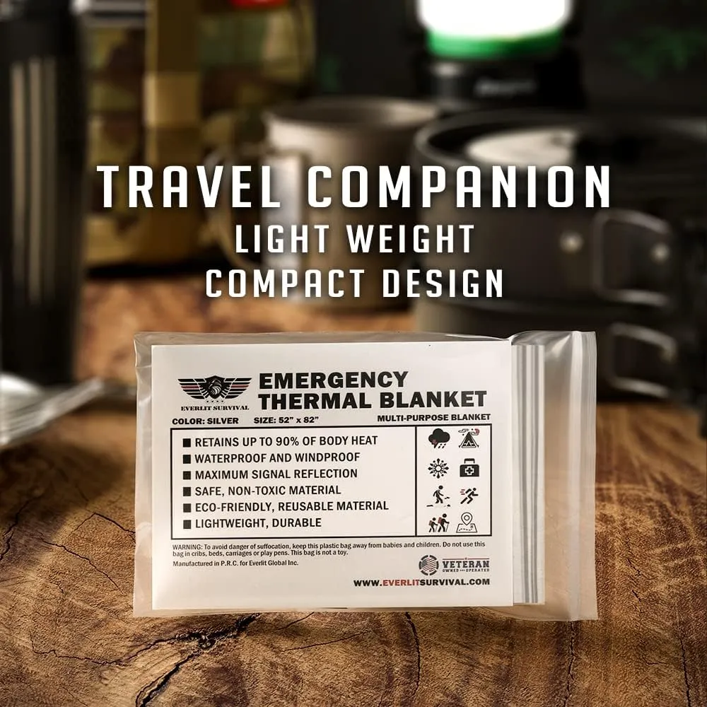 EVERLIT Survival Emergency Mylar Thermal Blankets -Space Blanket Survival kit Camping Blanket Perfect for First Aid Kit Outdoors, Hiking, Survival,Bug Out Bag,Marathons (Silver, 4 Pack)