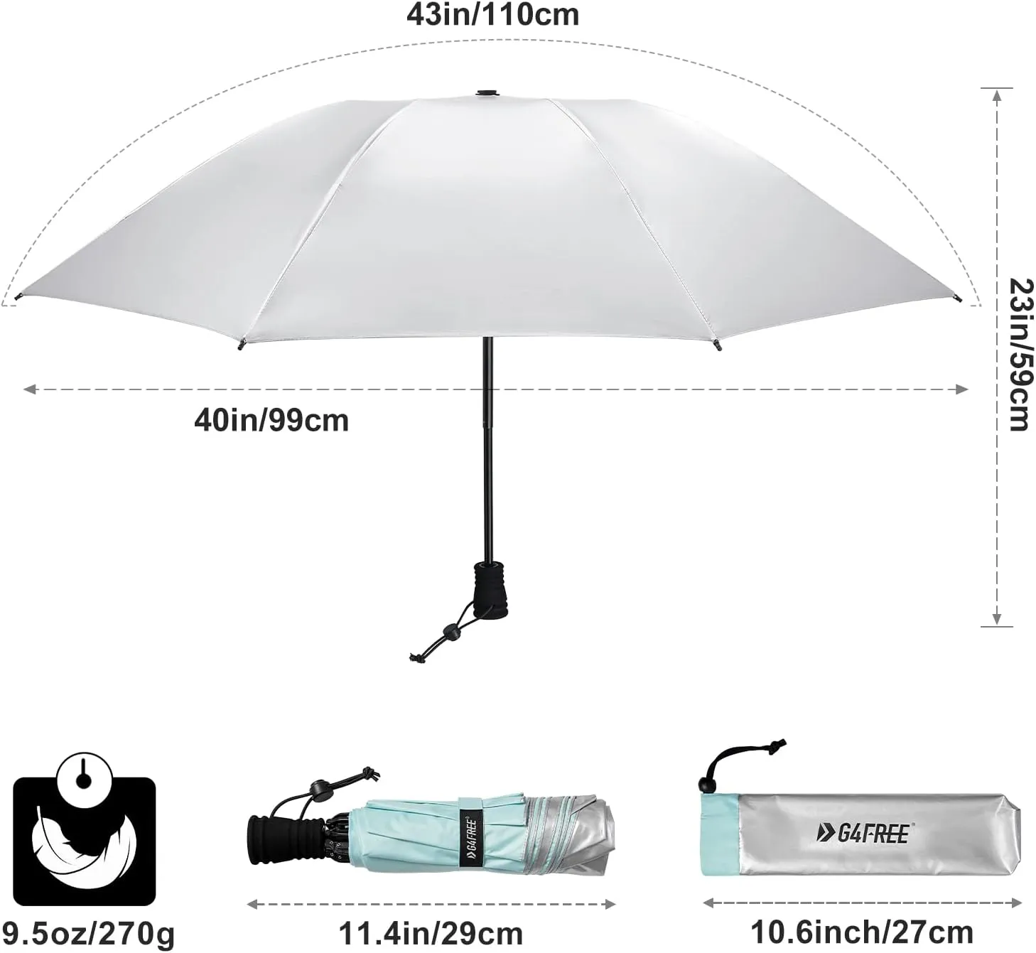 G4Free Liteflex Hiking Umbrella Mini Compact Ultralight Collapsible Reflective Silver Trekking Backpacking Umbrella