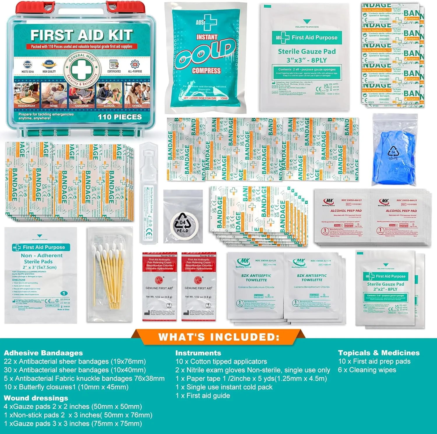 General Medi 110 Pieces Small First Aid Kit - HardCase First Aid Box - Contains Premium Medical Supplies for Travel, Home, Office, Vehicle, Camping, Workplace & Outdoor