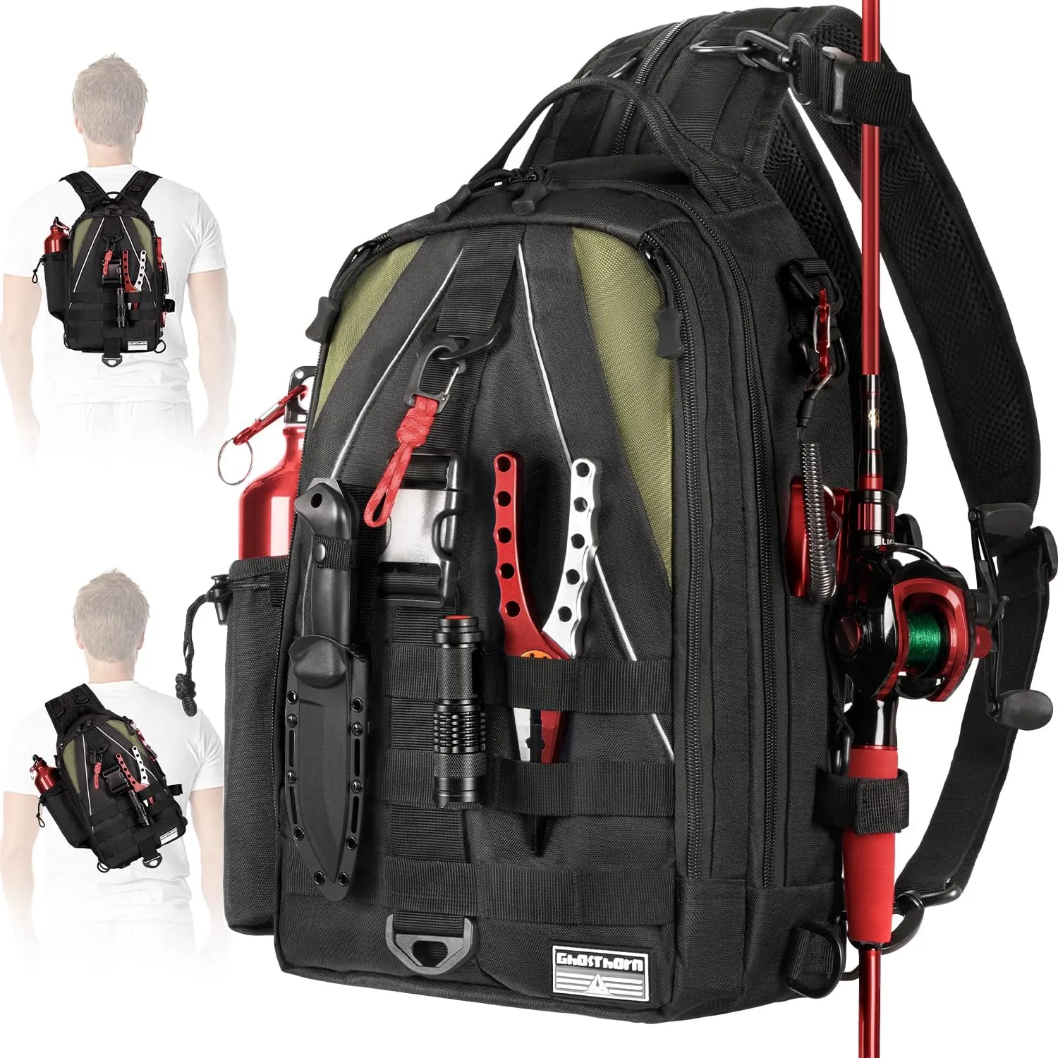 Ghosthorn Fishing Backpack with Rod Holder - Tackle Sling Bag - Fly Fishing Gifts for Men and Women
