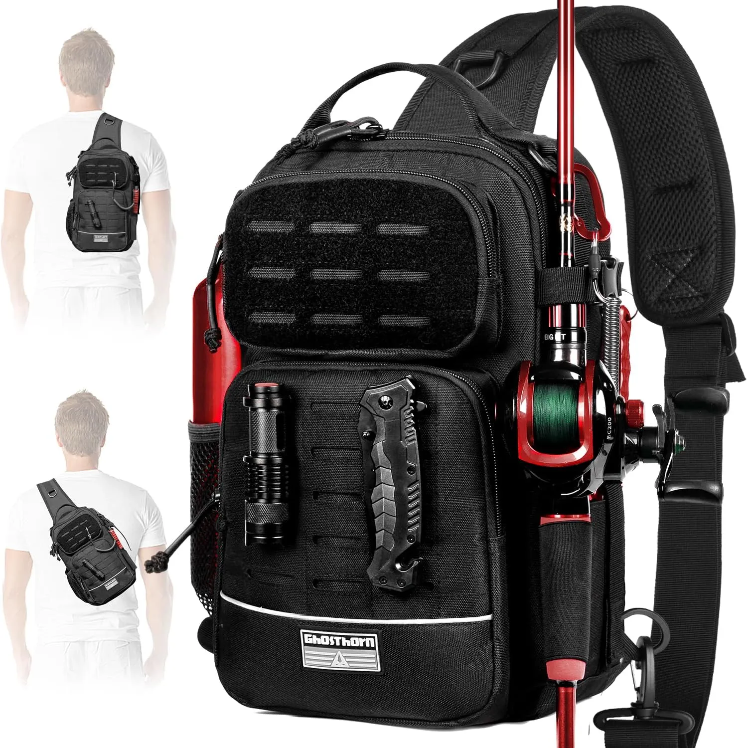 Ghosthorn Fishing Backpack with Rod Holder - Tackle Sling Bag - Fly Fishing Gifts for Men and Women