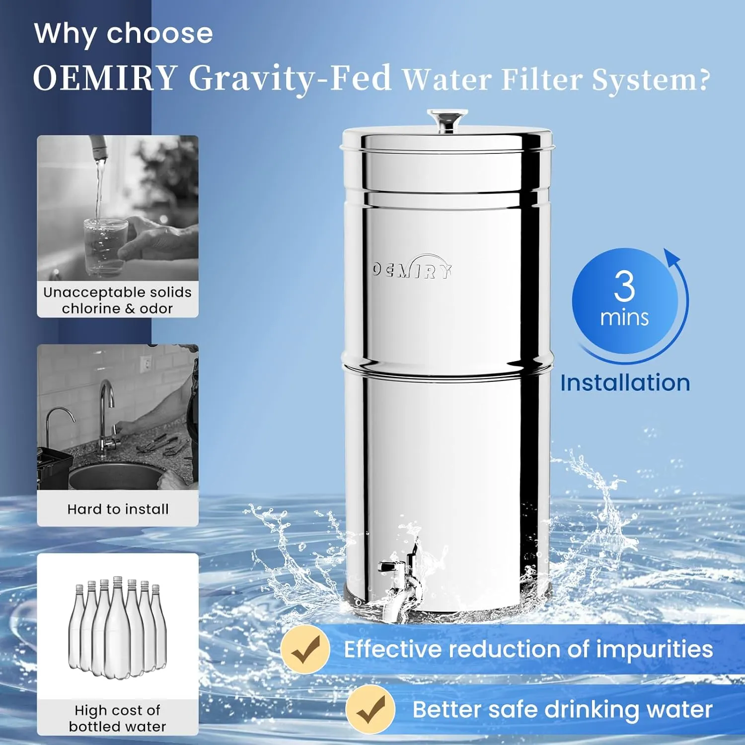 Gravity Water Filter System, 2.25G Berkey Stainless Steel Countertop System Water Purifier, Reduce 99% Chlorine for Home Camping Backpacking RVing, 2 Carbon Filters