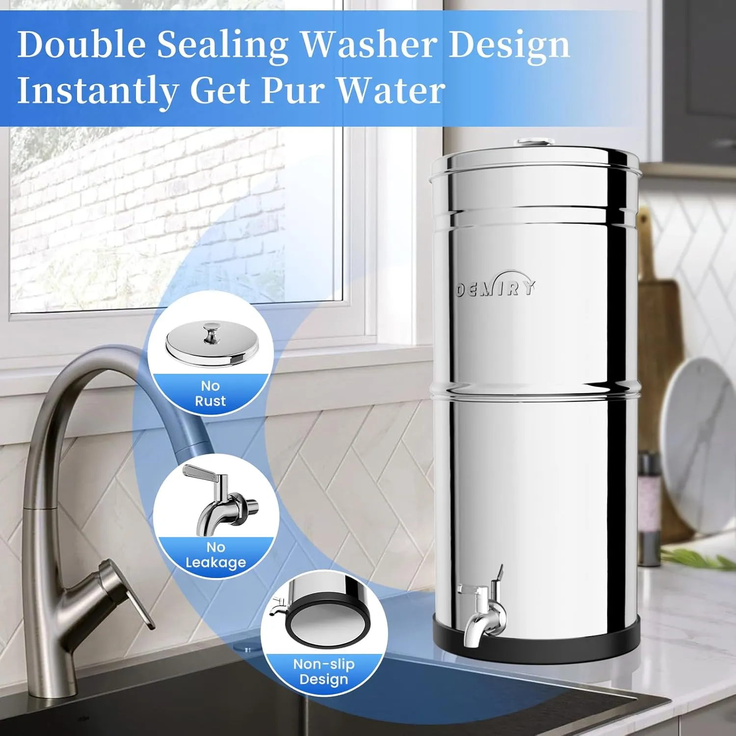 Gravity Water Filter System, 2.25G Berkey Stainless Steel Countertop System Water Purifier, Reduce 99% Chlorine for Home Camping Backpacking RVing, 2 Carbon Filters