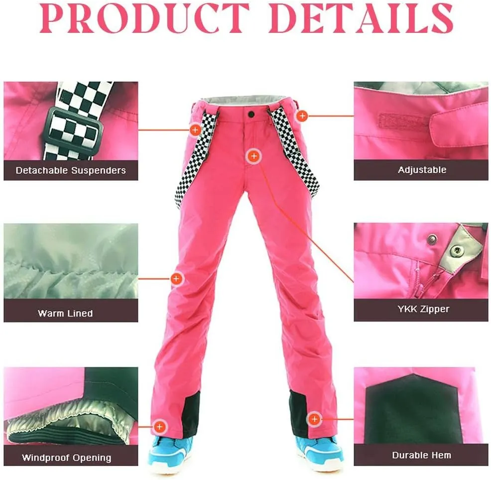GS SNOWING Women's Insulated Snow Pants Waterproof Windproof Snowboard Ski Bibs with Detachable Suspenders