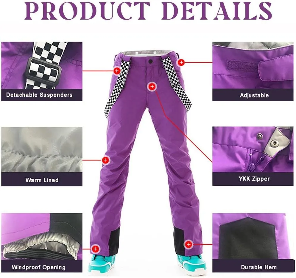 GS SNOWING Women's Insulated Snow Pants Waterproof Windproof Snowboard Ski Bibs with Detachable Suspenders