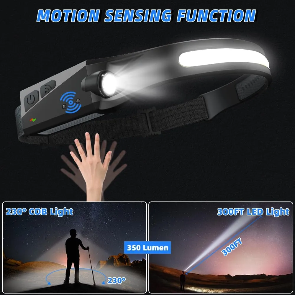 Headlamp Rechargeable 3Pack, LED Headlamp Flashlight with Motion Sensor, 230 COB Wide Beam Head Lamp, 5Mode Head Lights for Forehead Waterproof, Bright Headlamps for Adults Running Camping