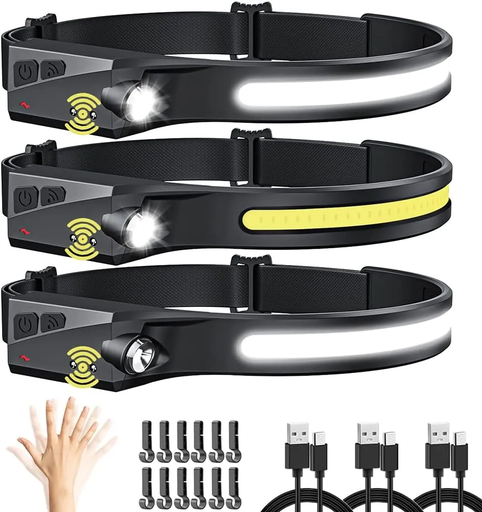 Headlamp Rechargeable 3Pack, LED Headlamp Flashlight with Motion Sensor, 230 COB Wide Beam Head Lamp, 5Mode Head Lights for Forehead Waterproof, Bright Headlamps for Adults Running Camping