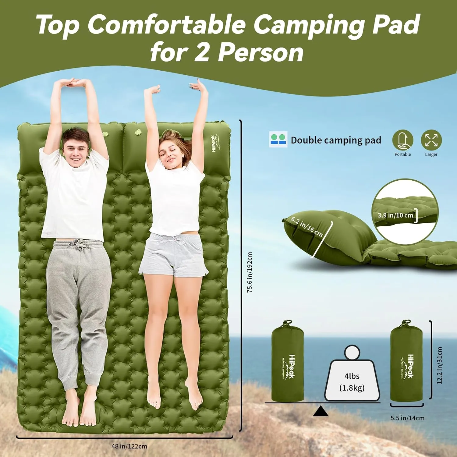 HiiPeak Double Sleeping Pad - Self Inflating 4" Extra-Thick for 2 Person with Pillow Built-in Foot Pump Inflatable Sleeping Mat for Backpacking, Hiking, Traveling, Tent, Portable Camping Mat