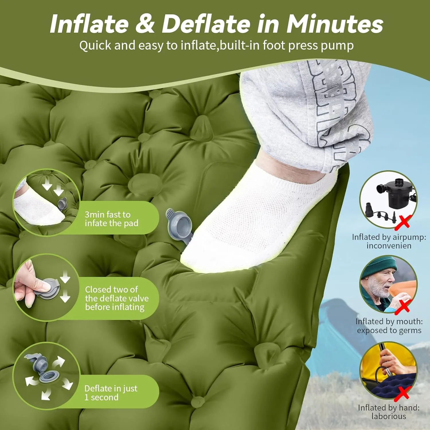 HiiPeak Double Sleeping Pad - Self Inflating 4" Extra-Thick for 2 Person with Pillow Built-in Foot Pump Inflatable Sleeping Mat for Backpacking, Hiking, Traveling, Tent, Portable Camping Mat