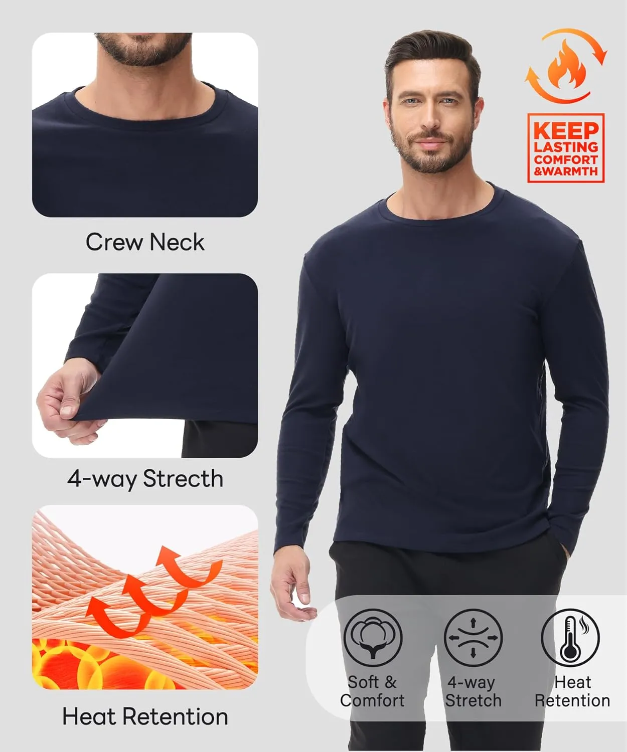HUGE SPORTS Thermal Underwear for Men Long Sleeve Thermal Shirts Fleece Lined Crew Neck Base Layer Thermal Underwear Top