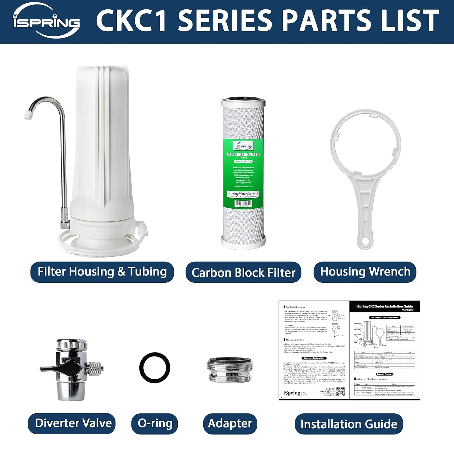iSpring CKC1 Countertop Drinking Water Filtration System with Carbon Filter 2.5" x 10", White