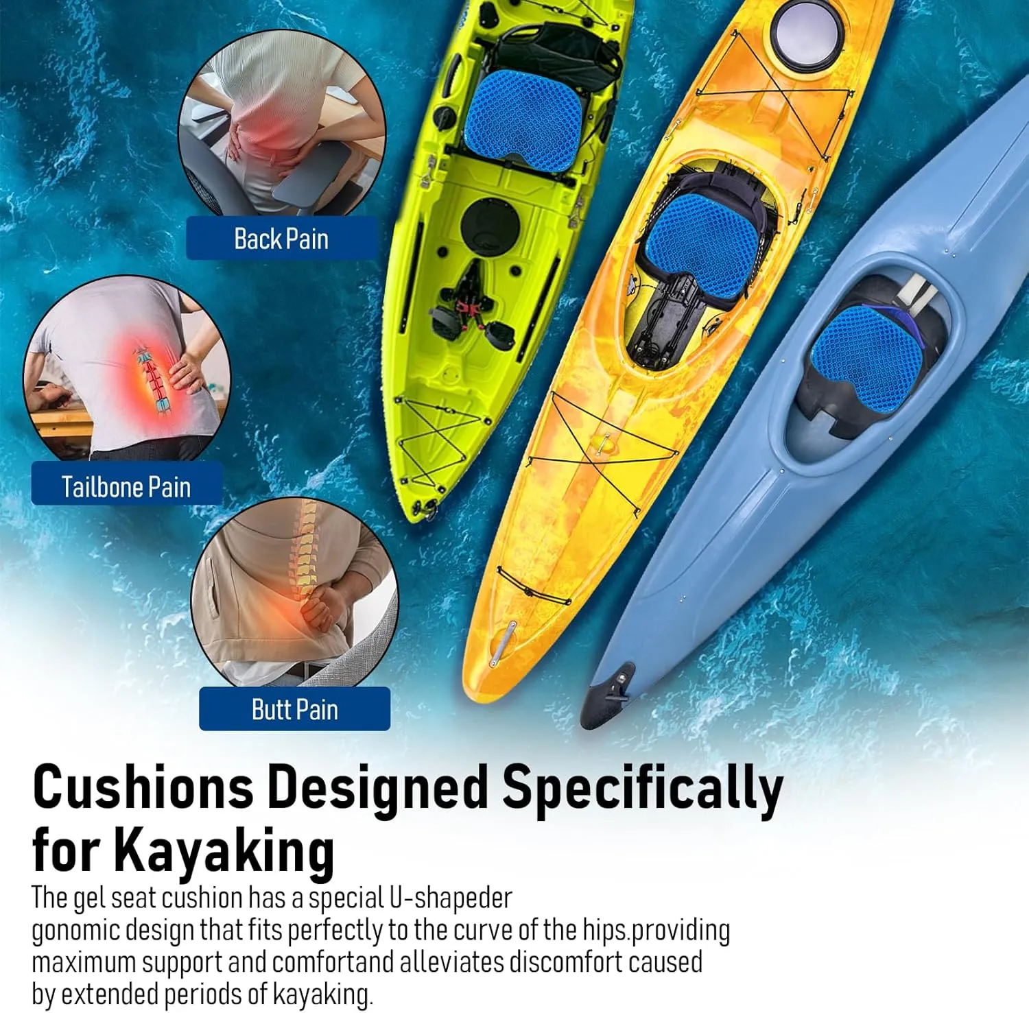 Kayak Seat Cushion, Thicken Anti Slip Waterproof Gel Kayak Seat, Portable Canoe Rowing Rubber Dinghy Pad for Stadium Sit in Kayak Inflatable Fishing Kayak Canoe Kayak Accessories
