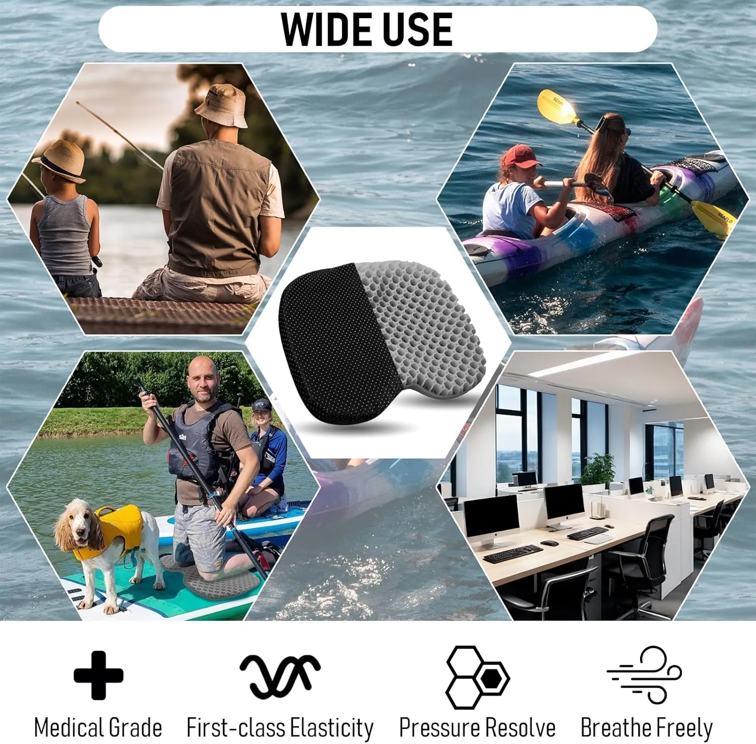 Kayak Seat Cushion, Thicken Anti Slip Waterproof Gel Kayak Seat, Portable Canoe Rowing Rubber Dinghy Pad for Stadium Sit in Kayak Inflatable Fishing Kayak Canoe Kayak Accessories