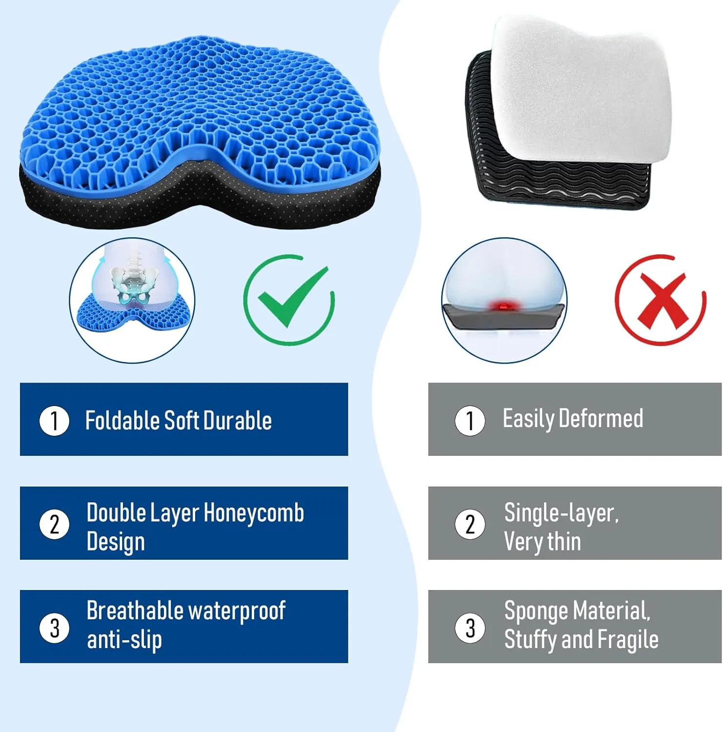 Kayak Seat Cushion, Thicken Anti Slip Waterproof Gel Kayak Seat, Portable Canoe Rowing Rubber Dinghy Pad for Stadium Sit in Kayak Inflatable Fishing Kayak Canoe Kayak Accessories