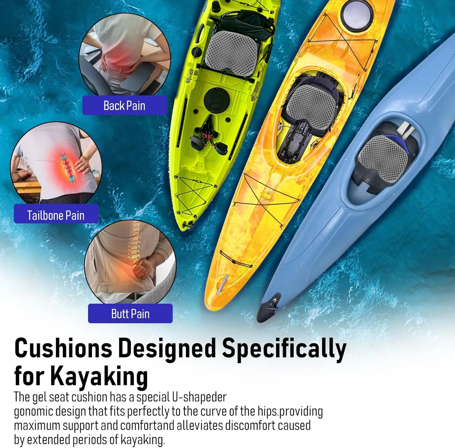 Kayak Seat Cushion, Thicken Anti Slip Waterproof Gel Kayak Seat, Portable Canoe Rowing Rubber Dinghy Pad for Stadium Sit in Kayak Inflatable Fishing Kayak Canoe Kayak Accessories