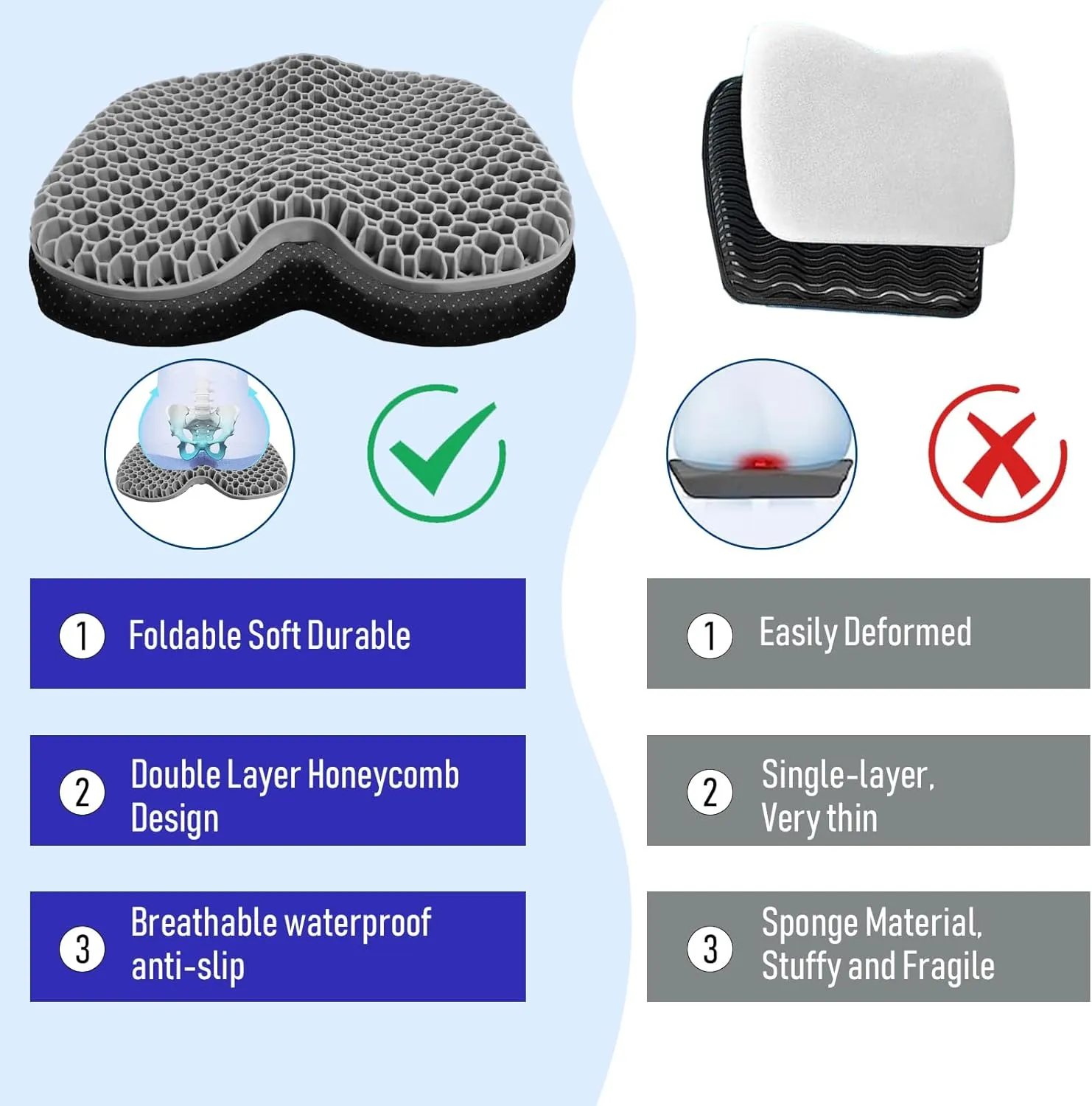 Kayak Seat Cushion, Thicken Anti Slip Waterproof Gel Kayak Seat, Portable Canoe Rowing Rubber Dinghy Pad for Stadium Sit in Kayak Inflatable Fishing Kayak Canoe Kayak Accessories