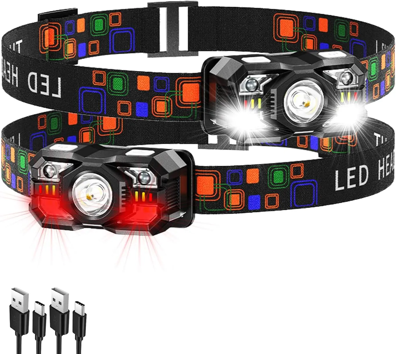 KunHe 2 Pack Headlamp Flashlight Head Lamps led Rechargeable Headlight Motion Sensor Head Lamp 10 Mode for Outdoor Camping Gear Hiking Fishing Running Cycling Headlight Emergency Lights for Home