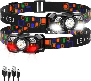 KunHe 2 Pack Headlamp Flashlight Head Lamps led Rechargeable Headlight Motion Sensor Head Lamp 10 Mode for Outdoor Camping Gear Hiking Fishing Running Cycling Headlight Emergency Lights for Home