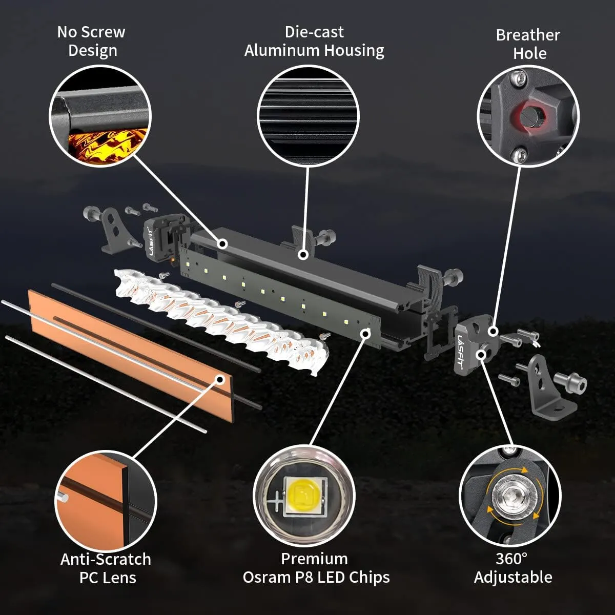 LASFIT 22 inch Amber Light Bar, Spot Flood Combo Beam, Single Row Yellow LED Bar for Off Road Driving Light, IP67 Waterproof for Truck Pickup SUV ATV UTV
