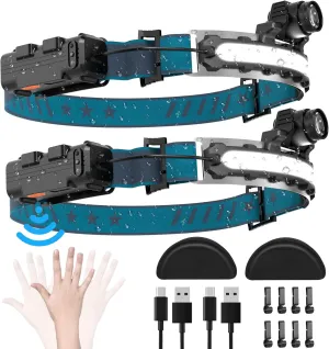 LED Headlamp Rechargeable, Super Bright 1000 Lumens 270 Wide Beam Headlamp with Motion Sensor,6 Lighting Modes, IPX4 Waterproof Head Lamp Suitable for Camping, Hiking, Working Hard Hat Headlight 2pcs