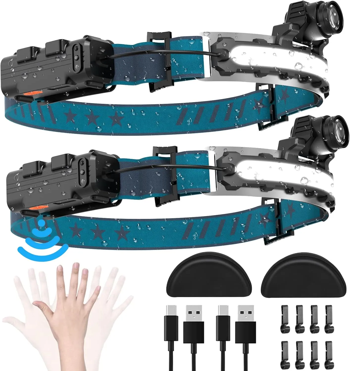 LED Headlamp Rechargeable, Super Bright 1000 Lumens 270 Wide Beam Headlamp with Motion Sensor,6 Lighting Modes, IPX4 Waterproof Head Lamp Suitable for Camping, Hiking, Working Hard Hat Headlight 2pcs