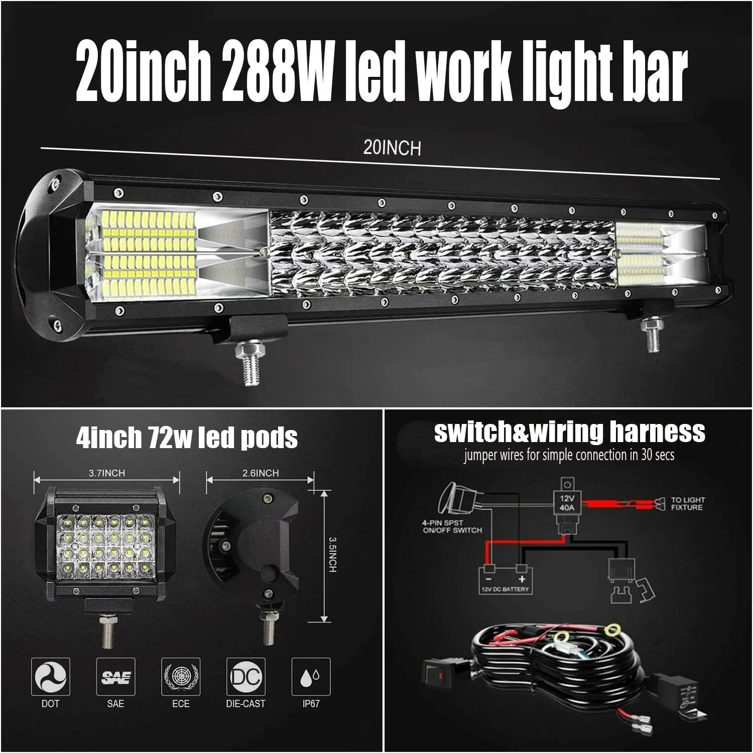 LED Light Bar Kits,20 Inch Triple Row LED Bars 4pcs 72w LED Light Pods with Wiring Harness,12V 24V Car Truck ATV Tractor LED Work Lights, Waterproof Car Off Road Driving Lights