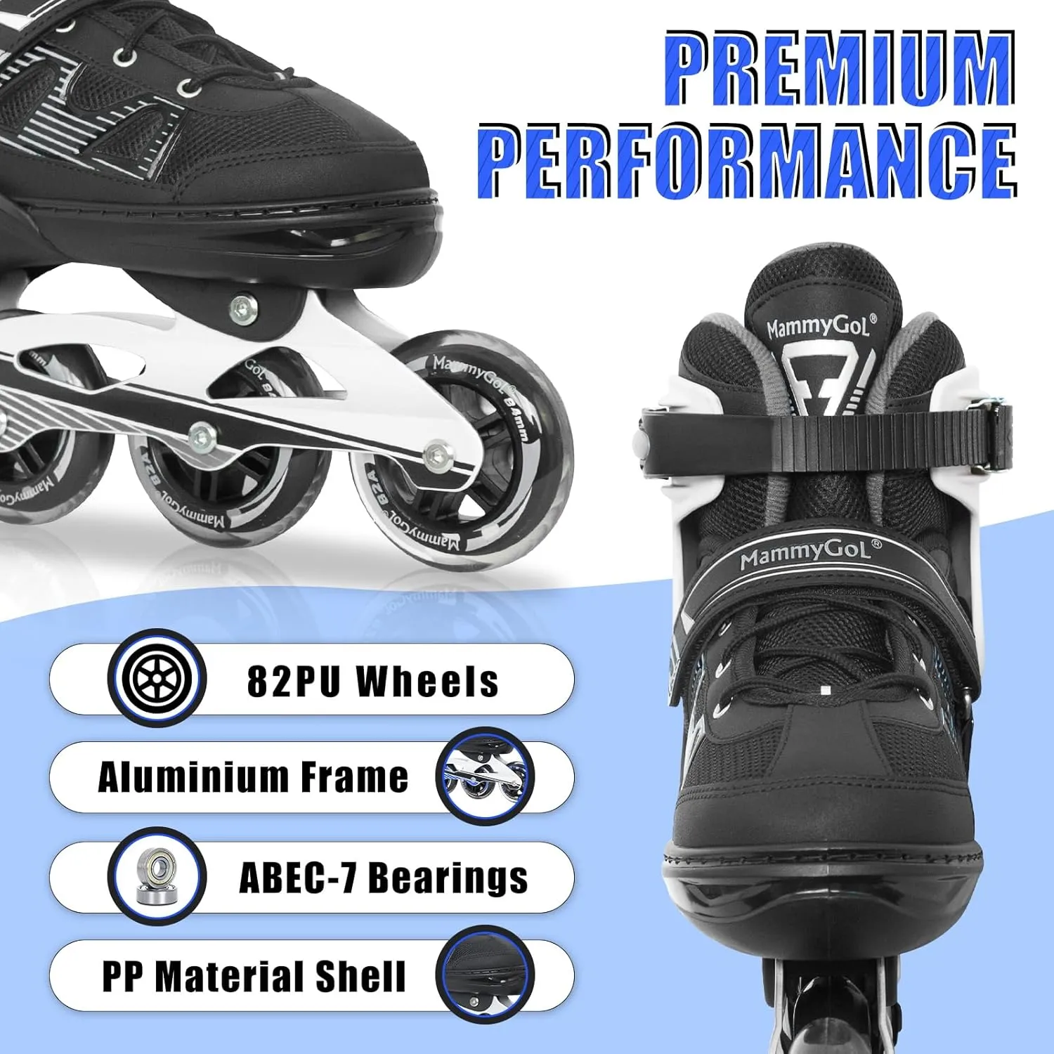 MammyGol Adult Inline Skates for Men Women, Blades Roller with Carbon Steel Bearings, TPR Brake, 3D Mesh, EVA Lining, PVC Upper | Adjustable Size for Better Fit for Skating Enthusiasts