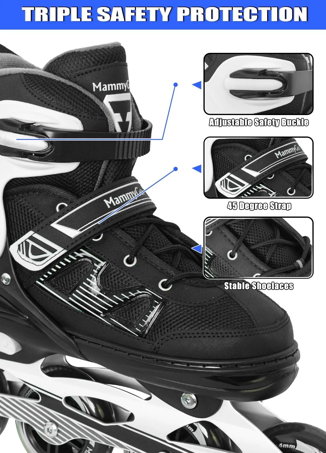 MammyGol Adult Inline Skates for Men Women, Blades Roller with Carbon Steel Bearings, TPR Brake, 3D Mesh, EVA Lining, PVC Upper | Adjustable Size for Better Fit for Skating Enthusiasts