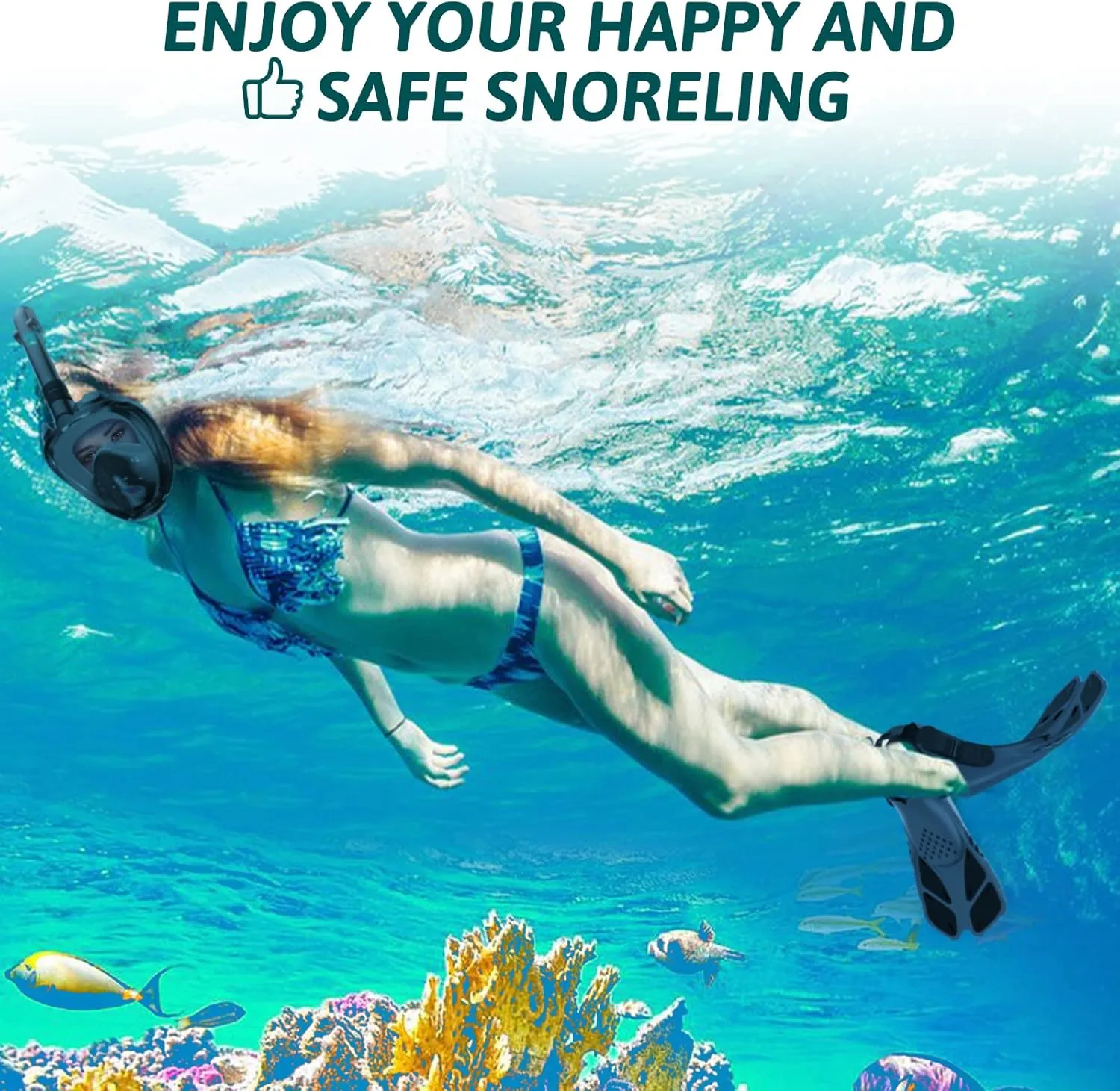 Mask Fins Snorkeling Gear for Adults, Full Face Snorkel Mask & Adjustable Swim Fins Snorkel Set, Panoramic View Snorkel Mask Dry Top Anti-Fog Anti-Leak