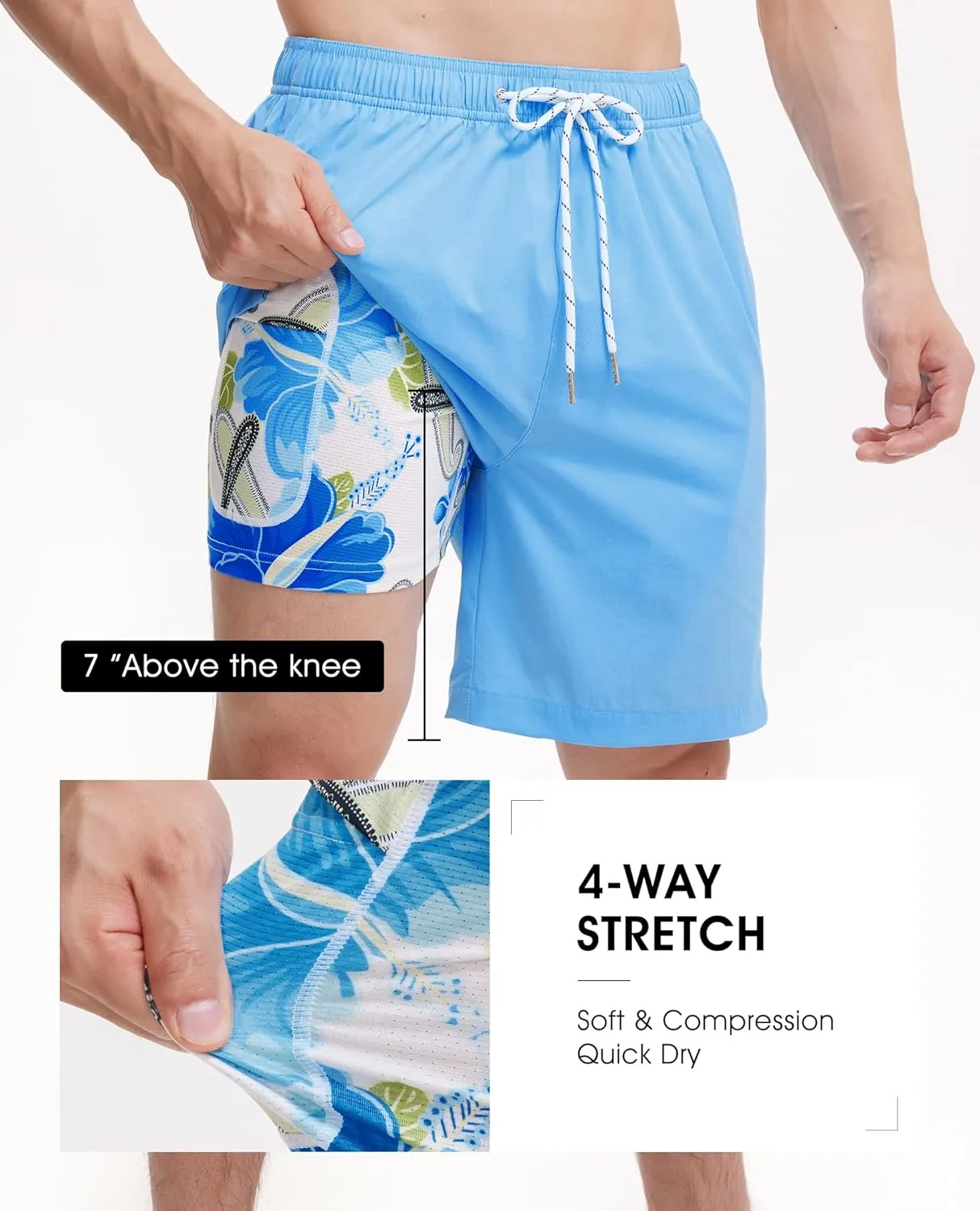 Mens 7 Inch Swim Trunks with Compression Liner Stretch Quick Dry Swim Shorts Swimsuits with Pockets