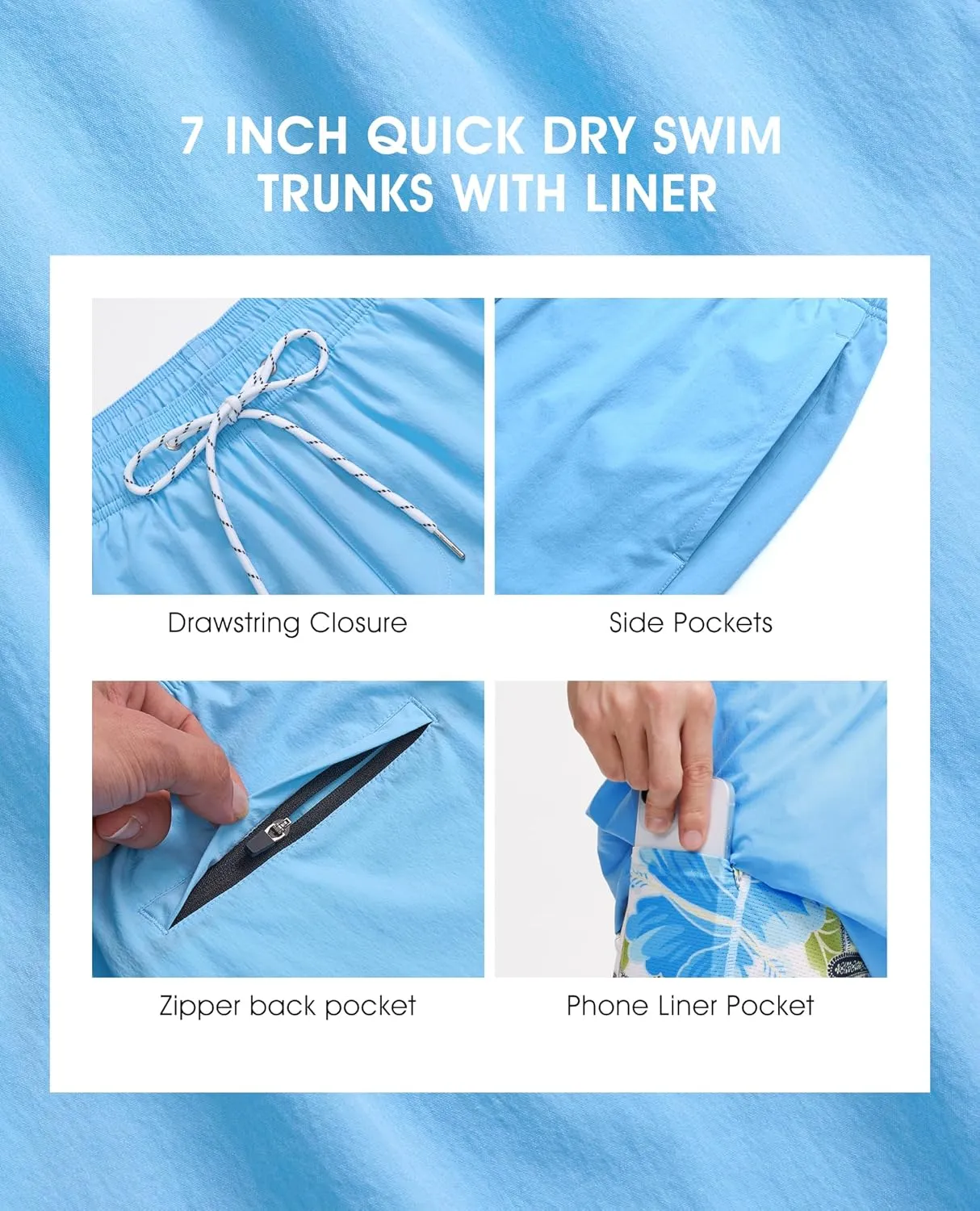 Mens 7 Inch Swim Trunks with Compression Liner Stretch Quick Dry Swim Shorts Swimsuits with Pockets