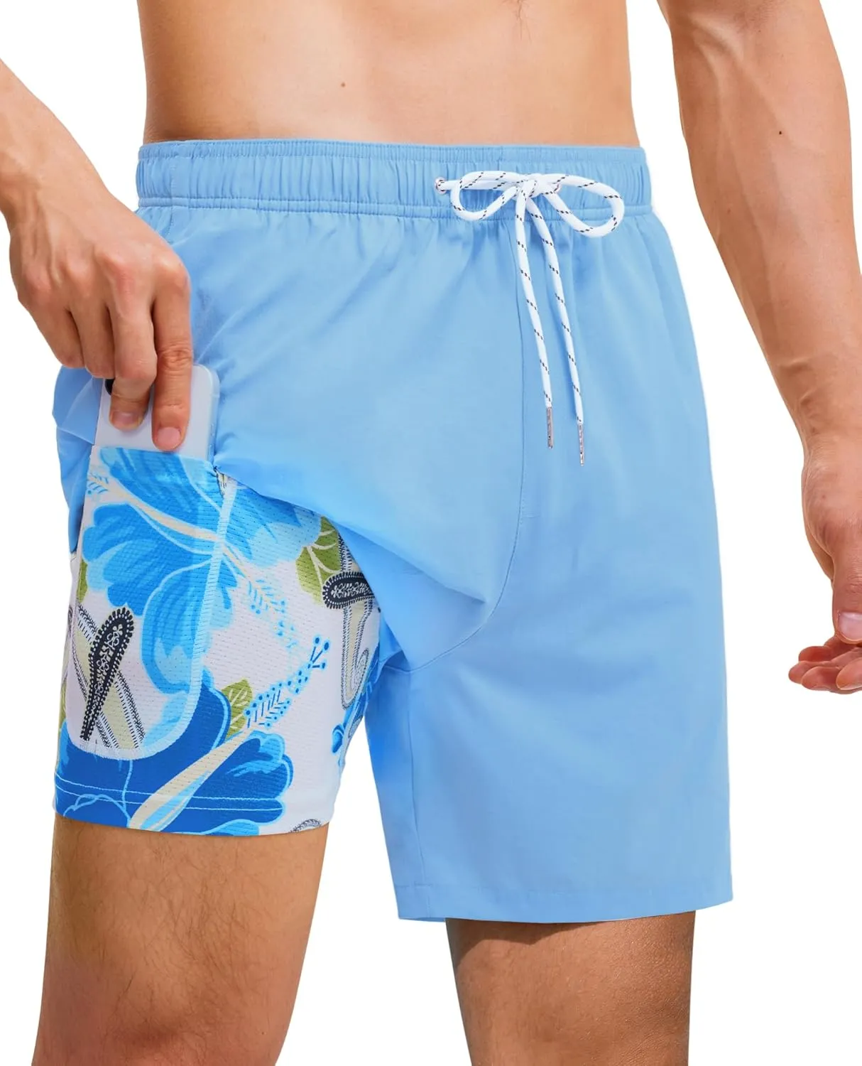Mens 7 Inch Swim Trunks with Compression Liner Stretch Quick Dry Swim Shorts Swimsuits with Pockets