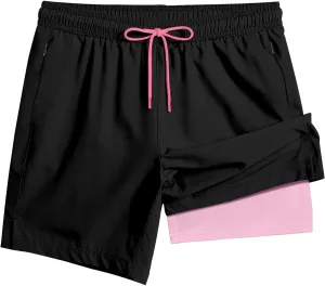 Men's Swim Trunk 5" with Compression Liner 5 Inch Quick Dry Board Shorts Zipper Pocket