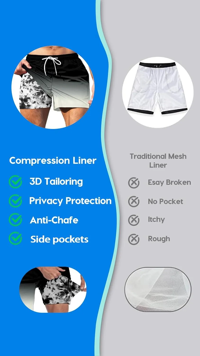 Men's Swim Trunk 5" with Compression Liner 5 Inch Quick Dry Board Shorts Zipper Pocket