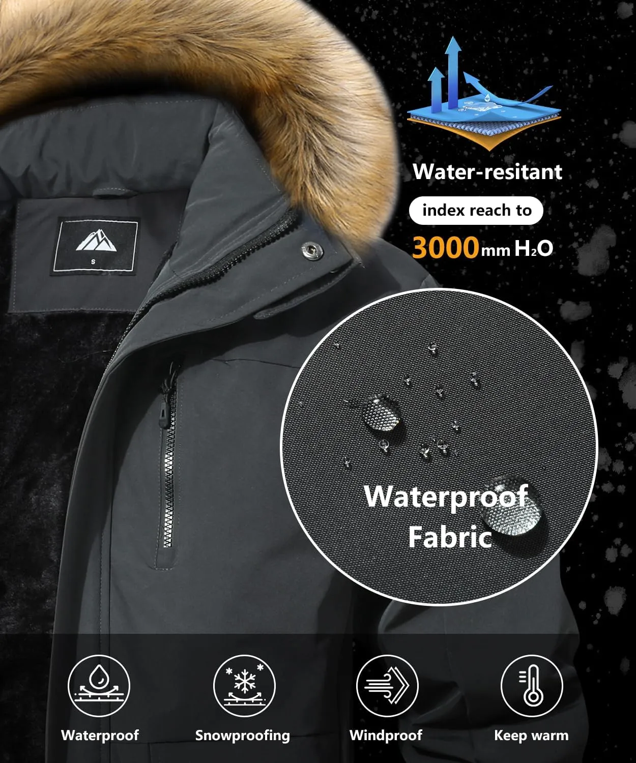 Men's Winter Coat Waterproof Warm Ski Snow Jacket Fur Hooded Parka Work Outerwear Snowboarding Jacket