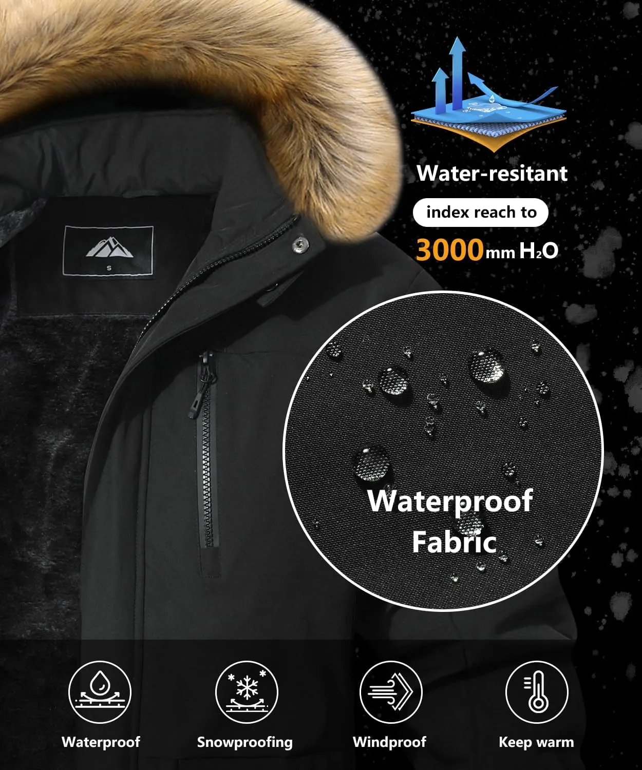 Men's Winter Coat Waterproof Warm Ski Snow Jacket Fur Hooded Parka Work Outerwear Snowboarding Jacket