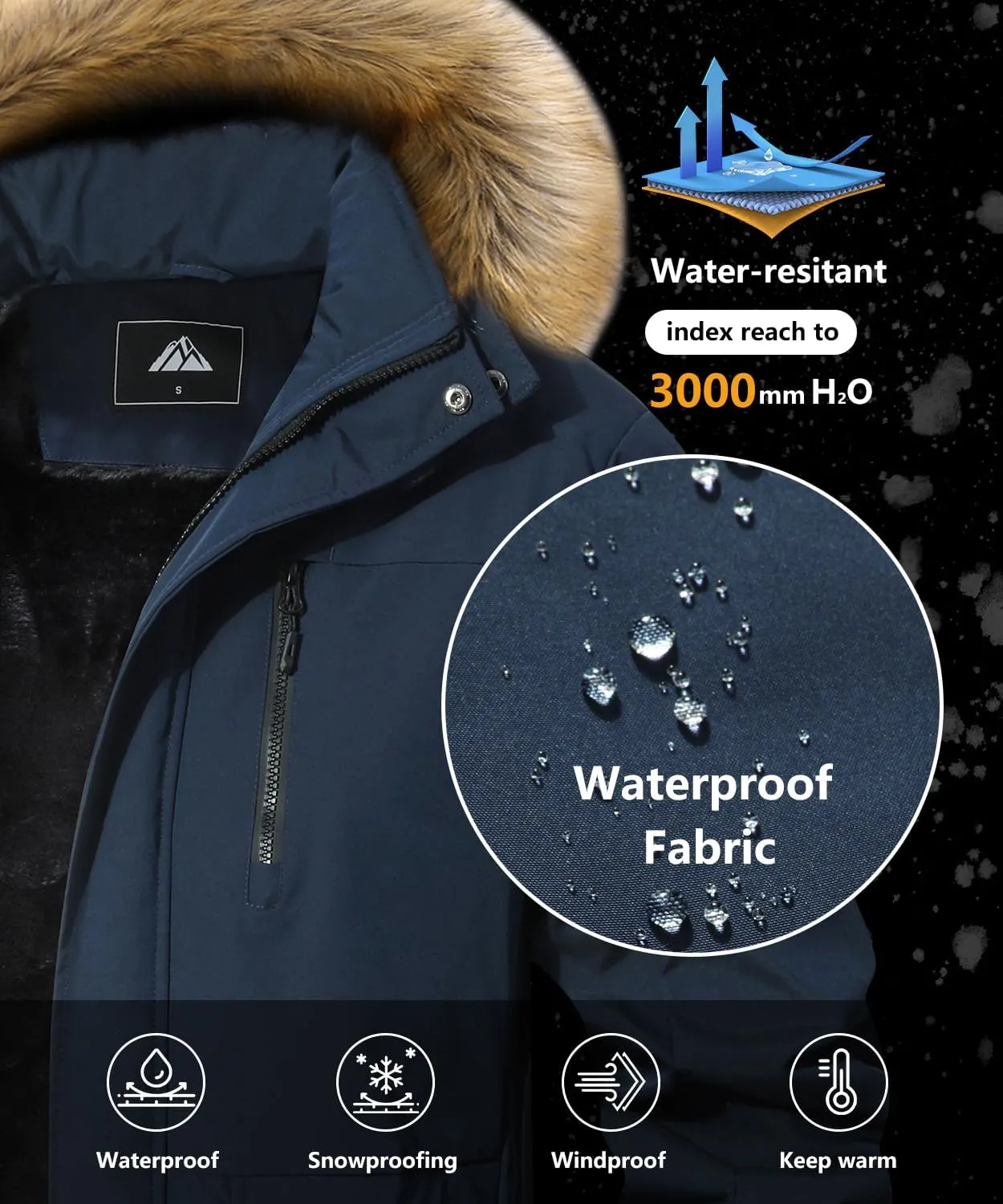 Men's Winter Coat Waterproof Warm Ski Snow Jacket Fur Hooded Parka Work Outerwear Snowboarding Jacket