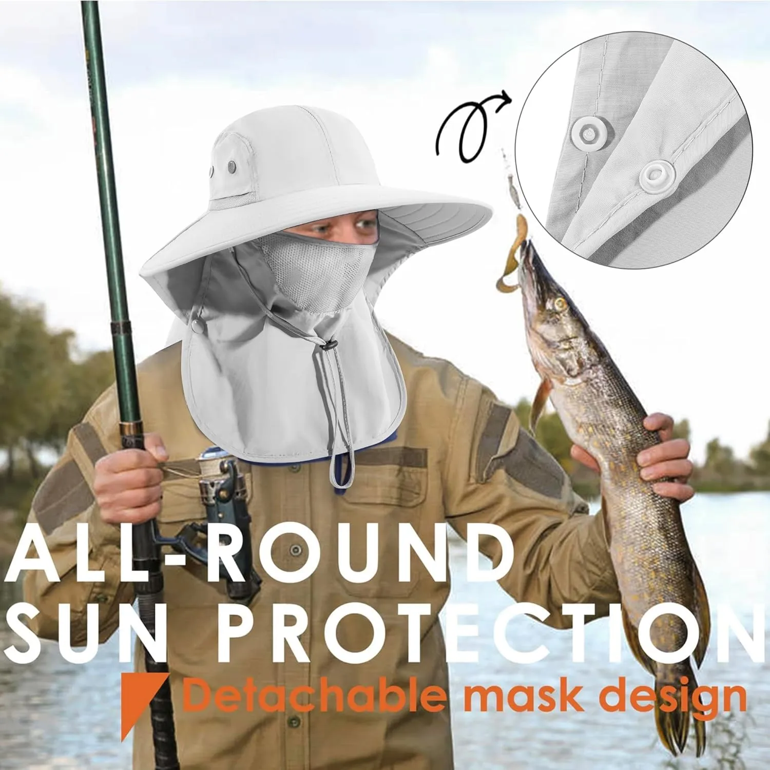 Mens Women Fishing Hat UPF 50  Wide Brim Sun Hat with Face Cover & Neck Flap