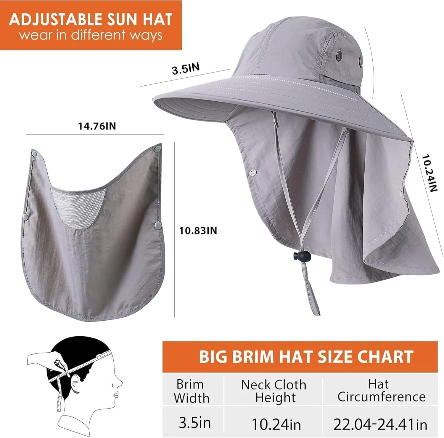 Mens Women Fishing Hat UPF 50  Wide Brim Sun Hat with Face Cover & Neck Flap