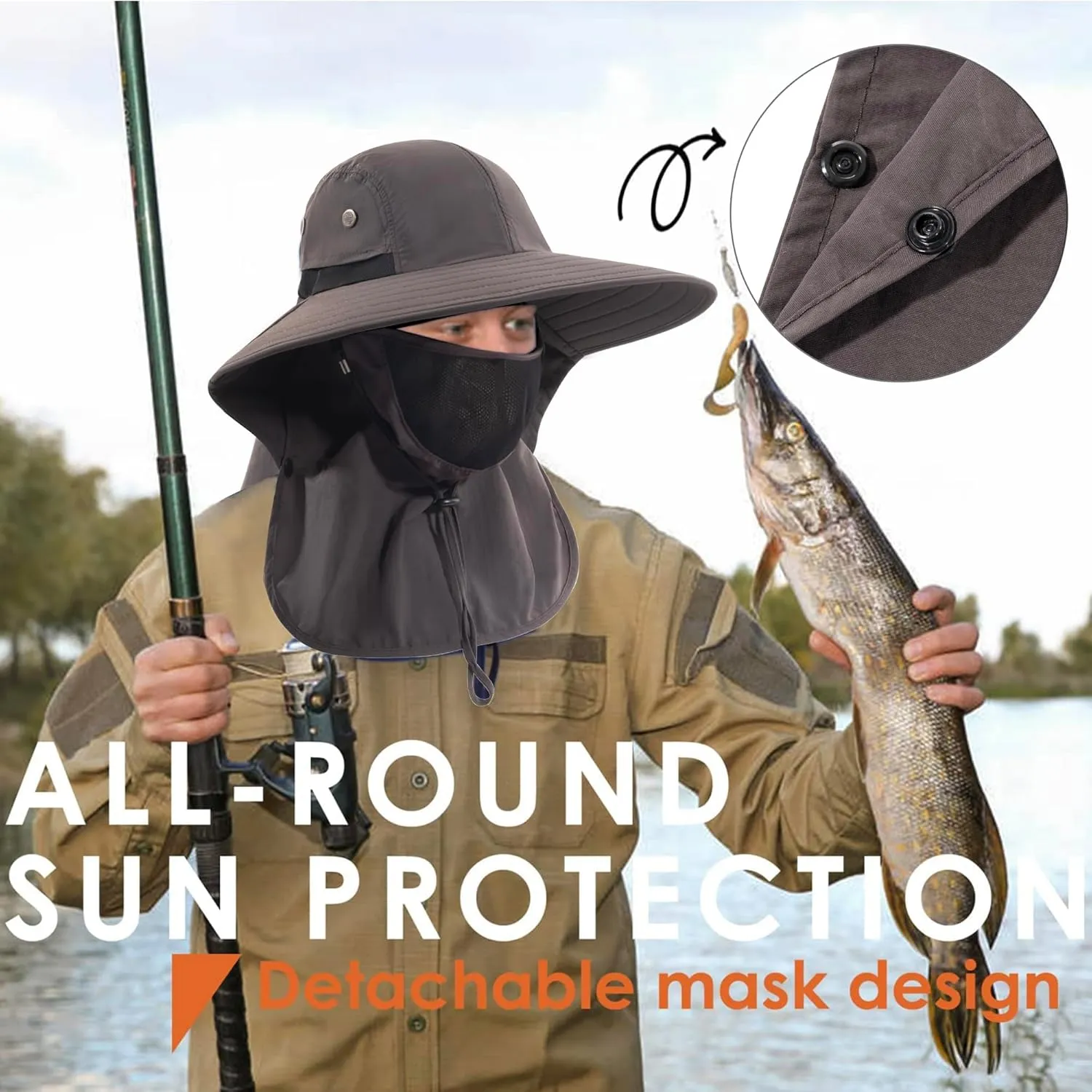 Mens Women Fishing Hat UPF 50  Wide Brim Sun Hat with Face Cover & Neck Flap