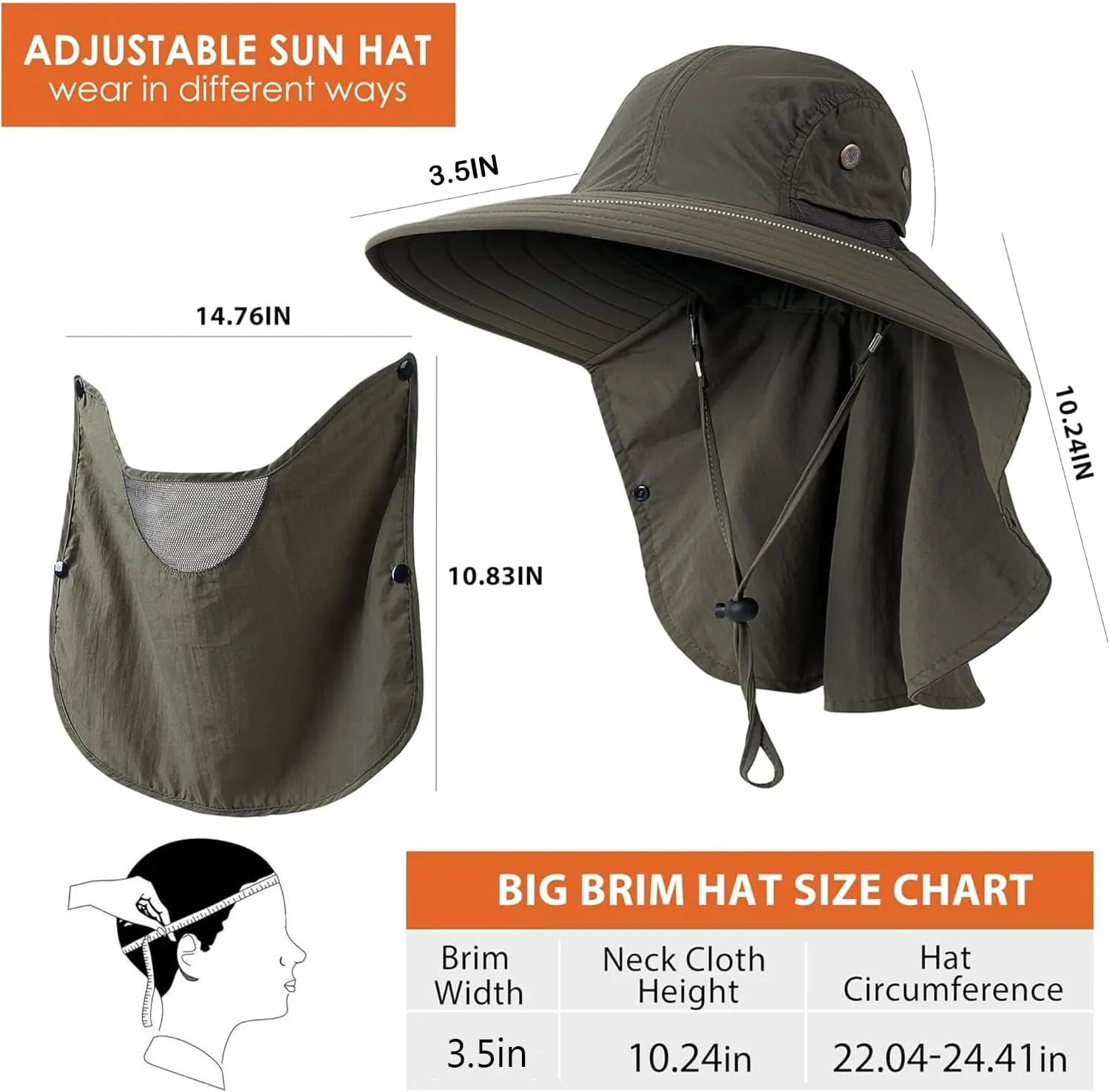 Mens Women Fishing Hat UPF 50  Wide Brim Sun Hat with Face Cover & Neck Flap