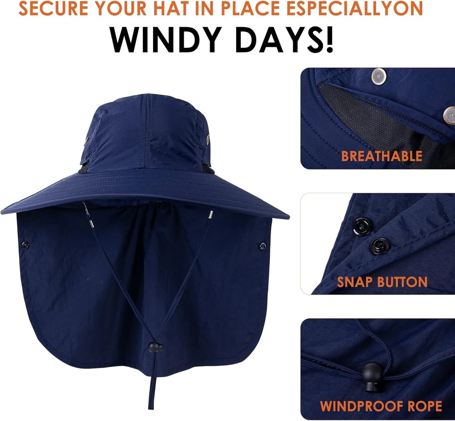 Mens Women Fishing Hat UPF 50  Wide Brim Sun Hat with Face Cover & Neck Flap