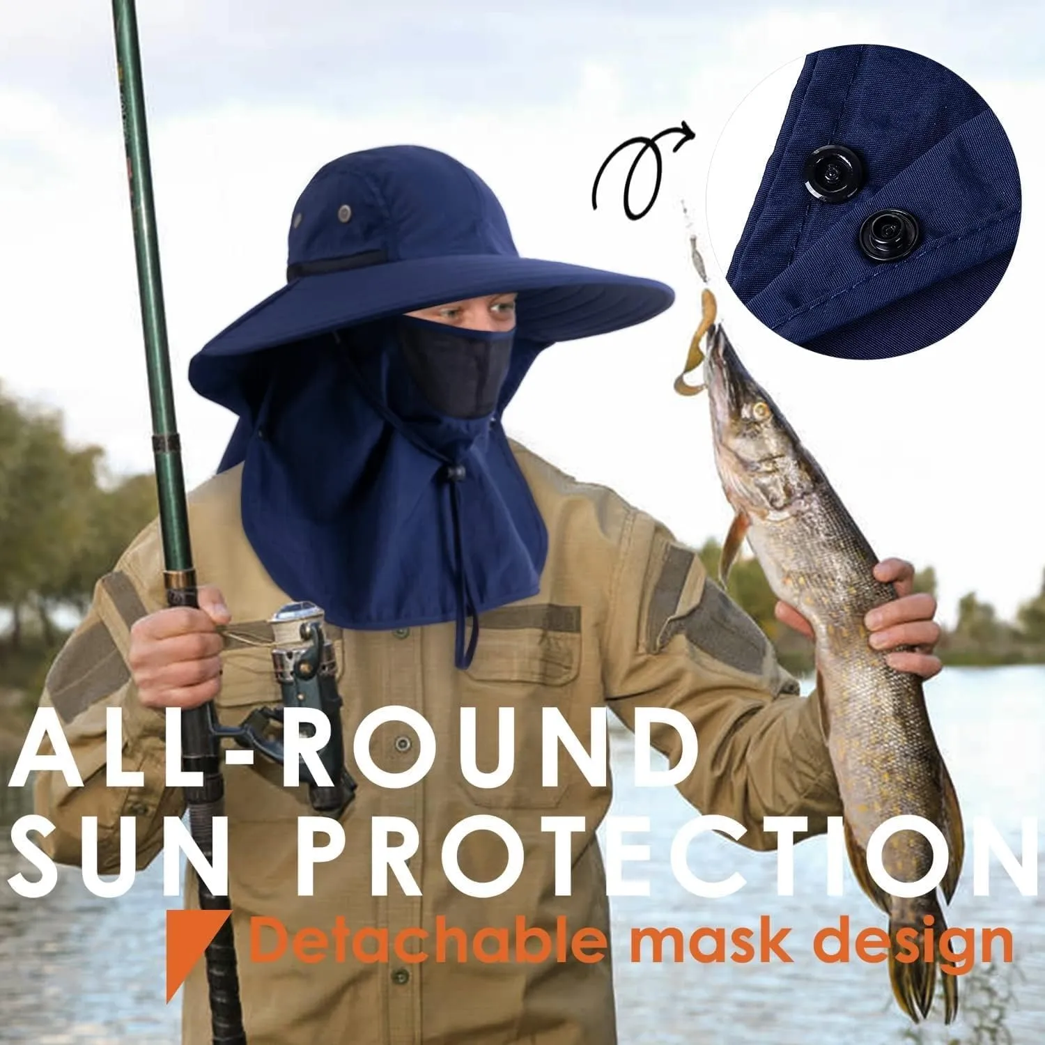 Mens Women Fishing Hat UPF 50  Wide Brim Sun Hat with Face Cover & Neck Flap