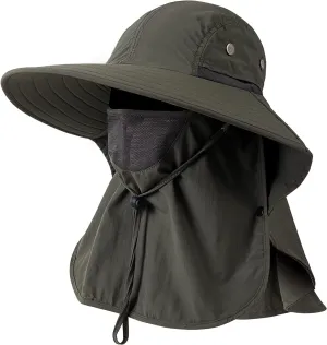 Mens Women Fishing Hat UPF 50  Wide Brim Sun Hat with Face Cover & Neck Flap