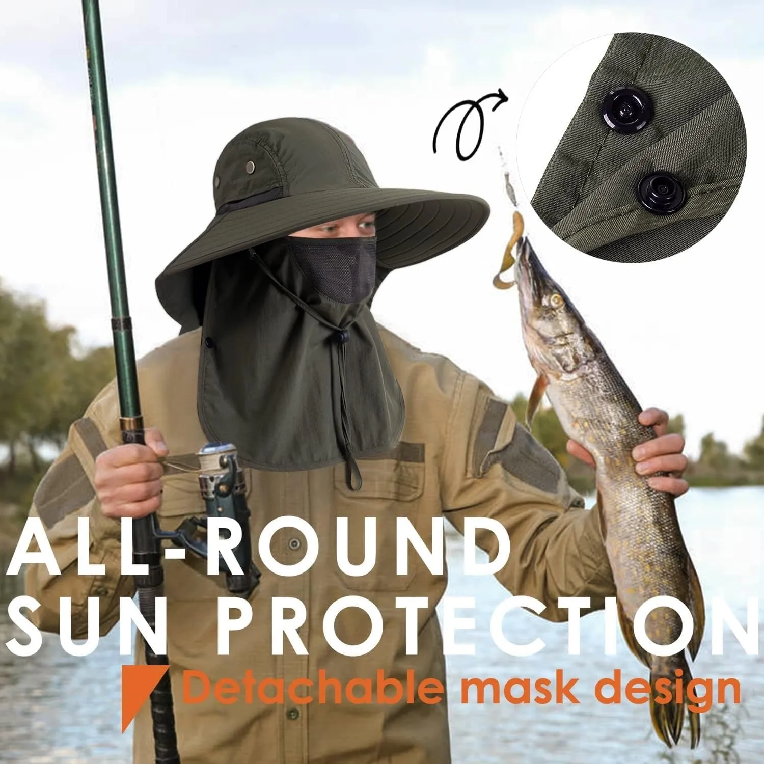 Mens Women Fishing Hat UPF 50  Wide Brim Sun Hat with Face Cover & Neck Flap